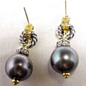 💕 David Yurman 18K & SS Tahatian Pearls & Diamonds Dangling Earrings Authentic